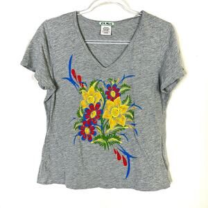 LA Movers Y2K Gray Floral Tee Shirt Short Sleeve V-Neck Cotton Poly Womens Large
